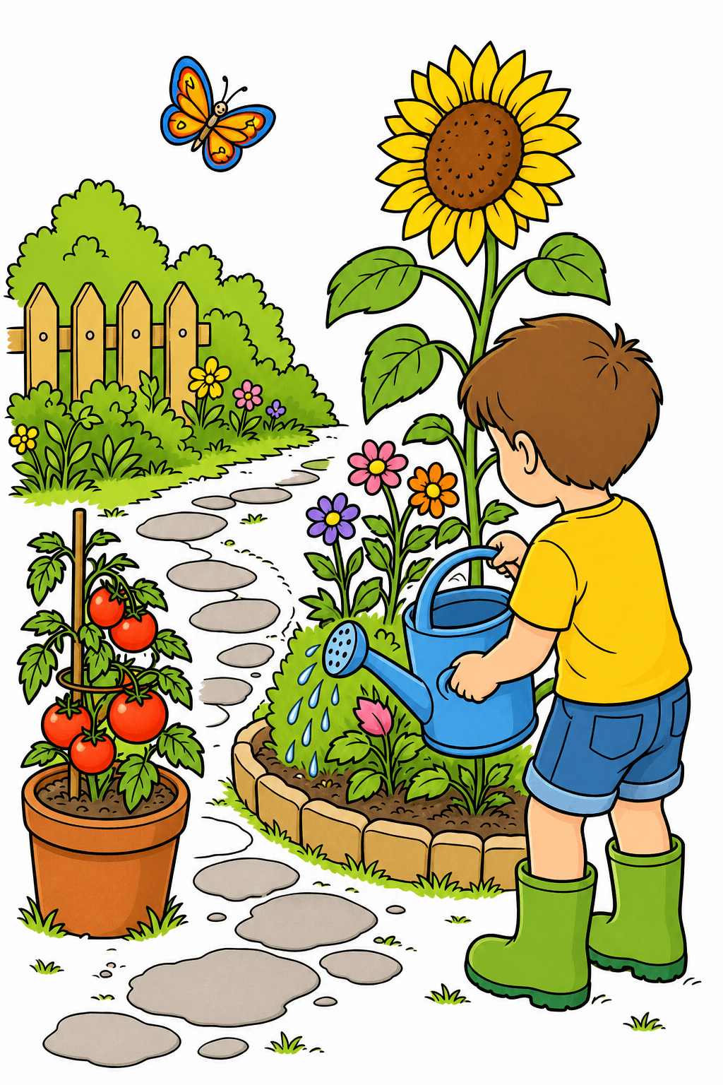 Child Watering Flowers in a Garden clean-digital colorized preview