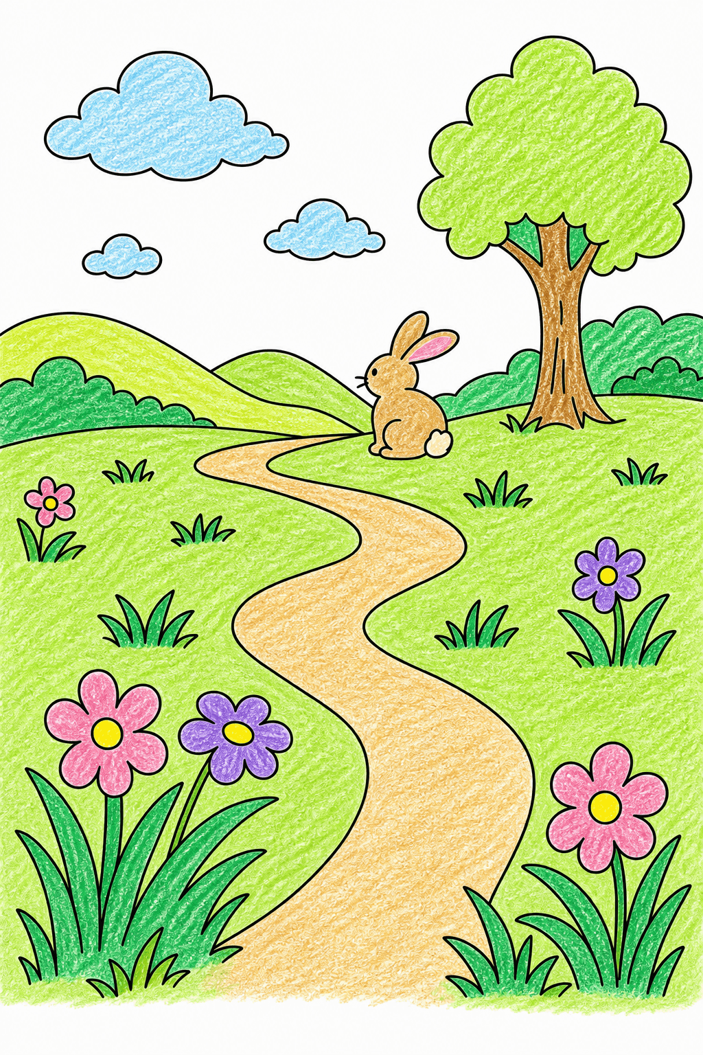 Rabbit Beside a Winding Path in a Meadow crayon colorized preview
