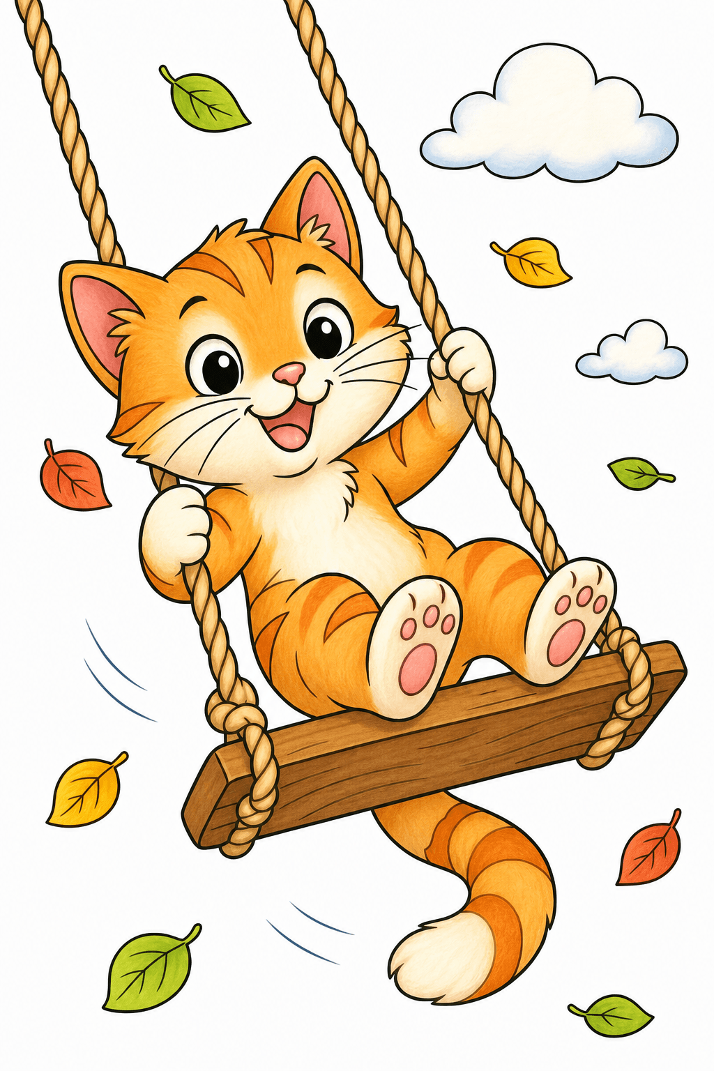 Playful Kitten on a Rope Swing storybook colorized preview