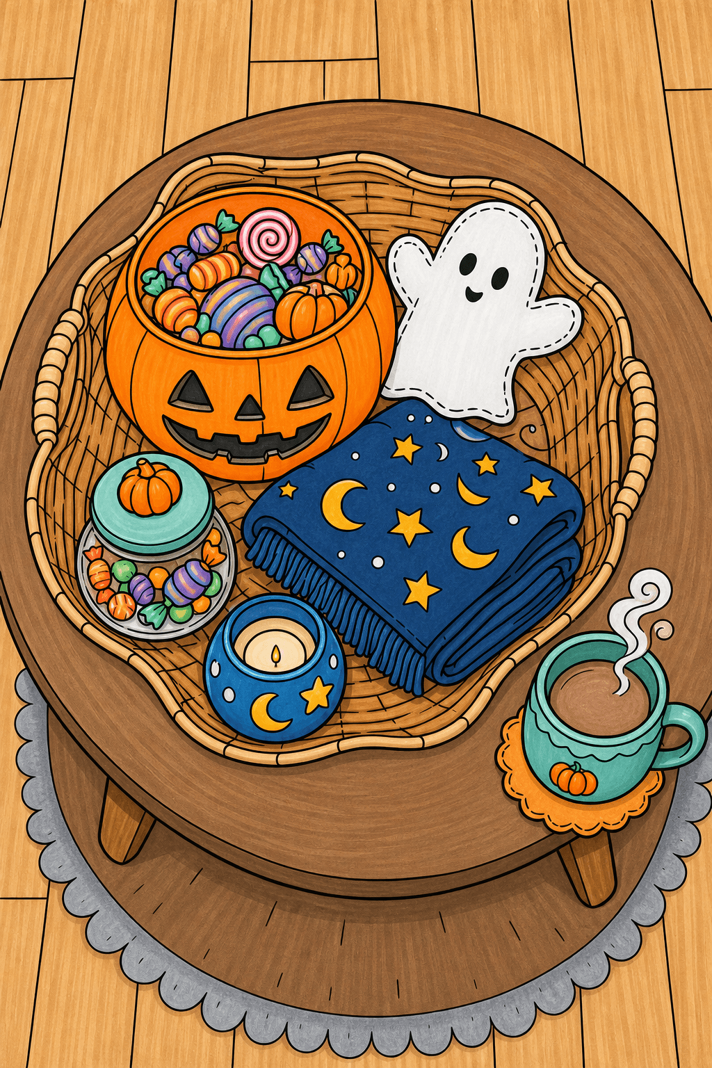 Cozy Halloween Treat Setup Coloring Page marker colorized preview