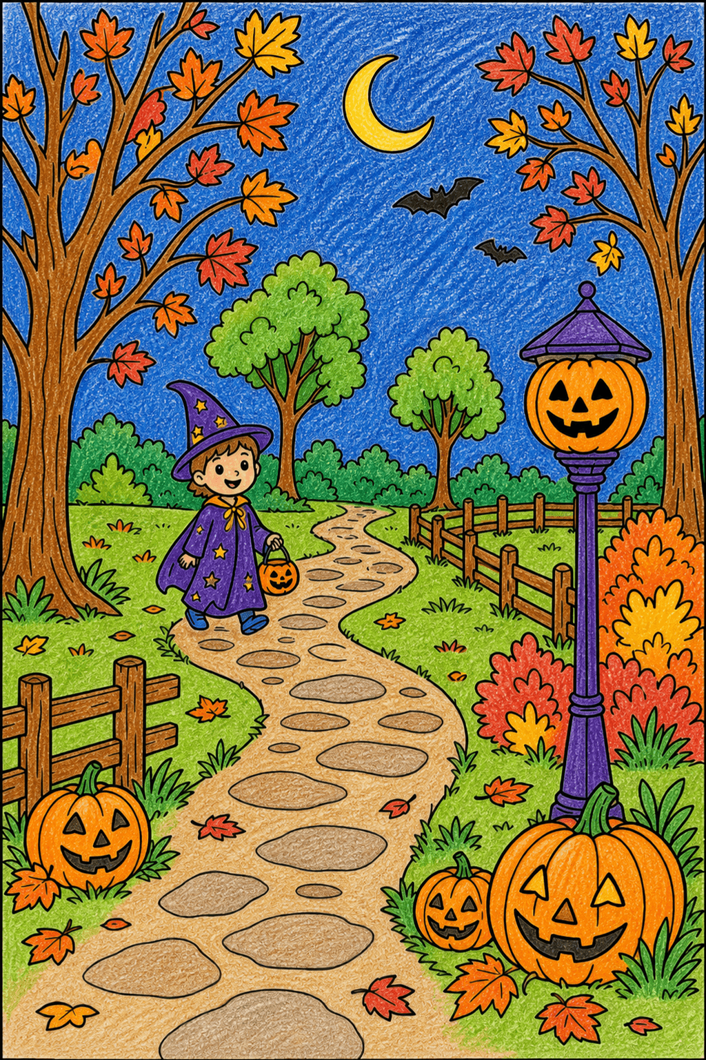Wizard Child Walking a Halloween Path crayon colorized preview
