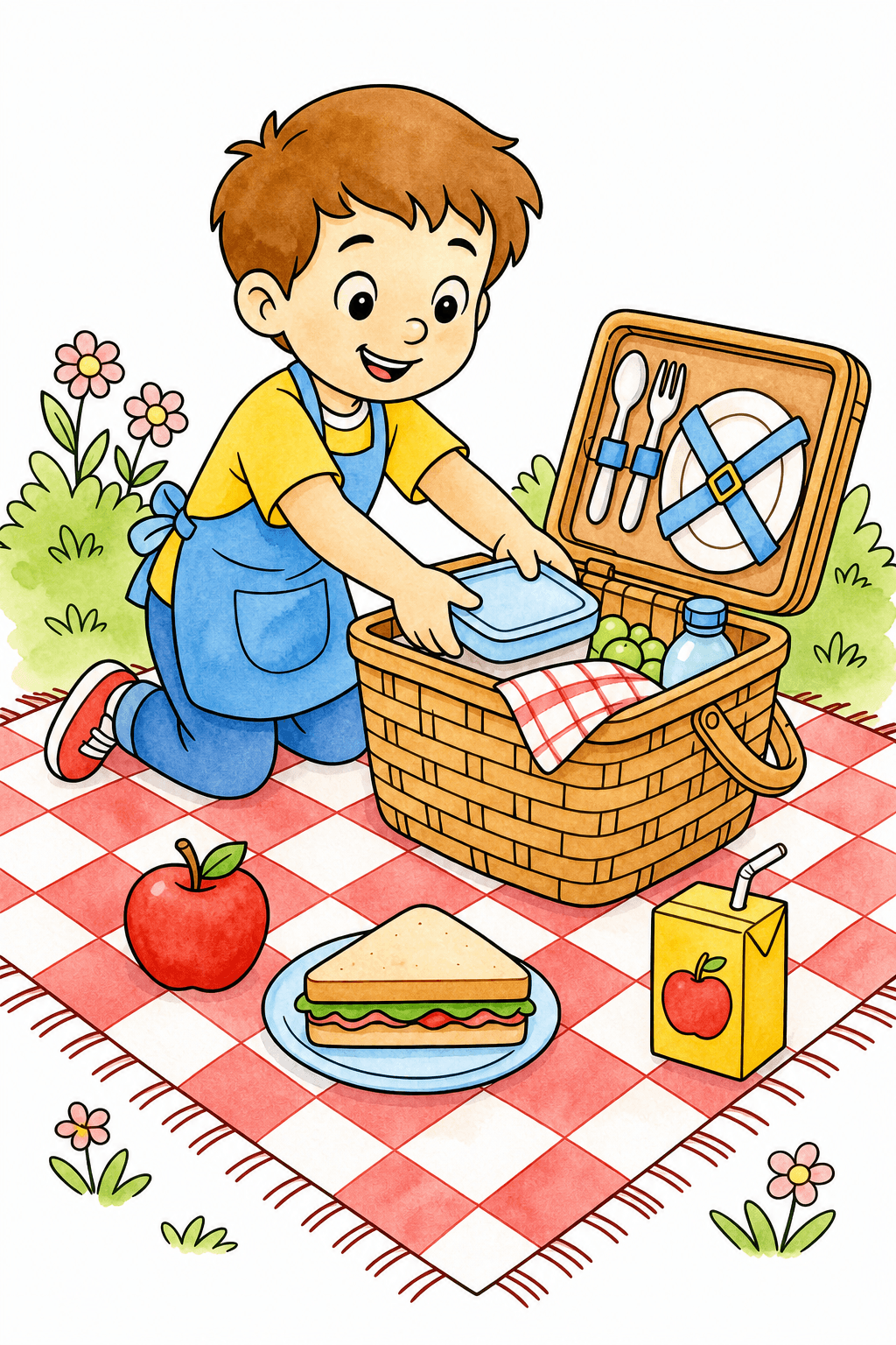 Child Packing a Picnic Basket Outdoors watercolor colorized preview