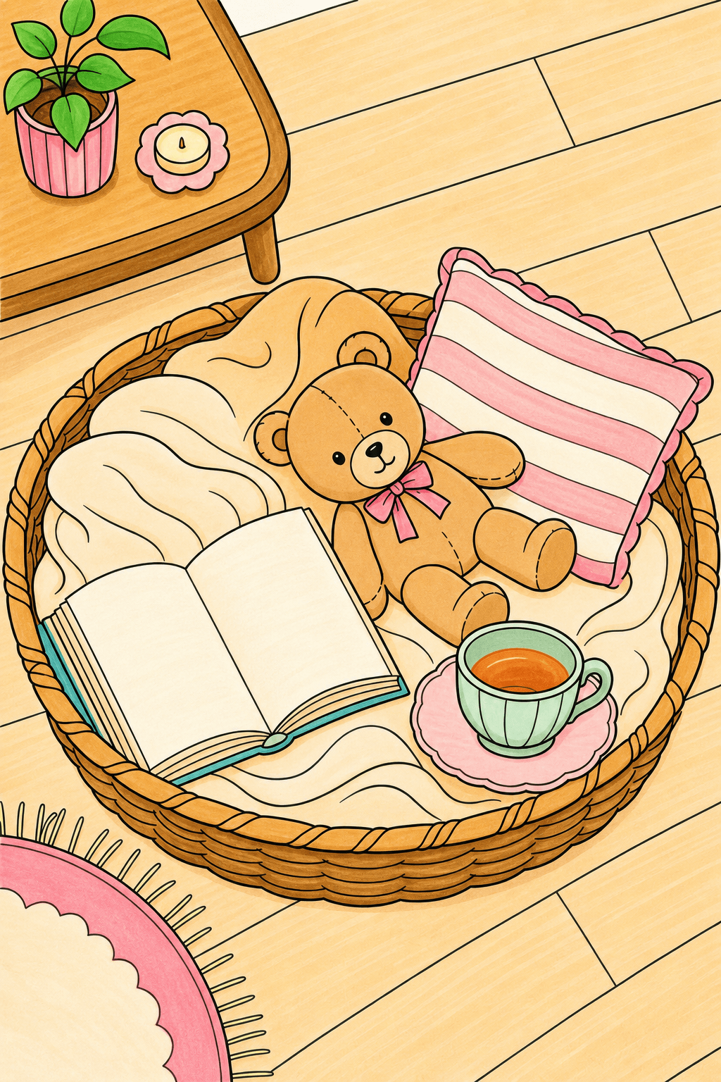 Teddy Bear, Book, and Teacup in a Woven Basket marker colorized preview