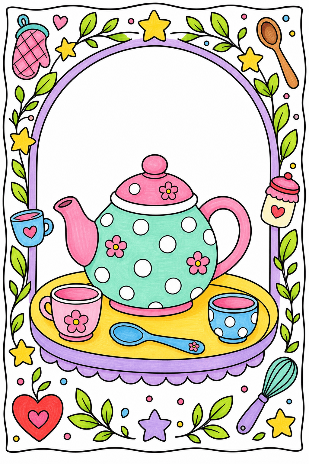 Teapot and Teacups with a Kitchen-Themed Border marker colorized preview