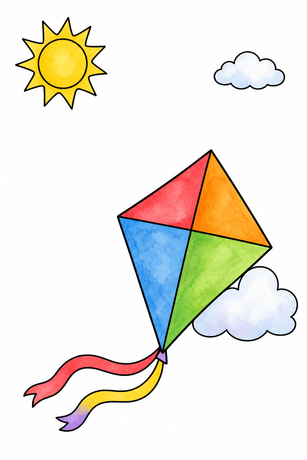 Kite Flying by the Sun and Clouds watercolor colorized preview