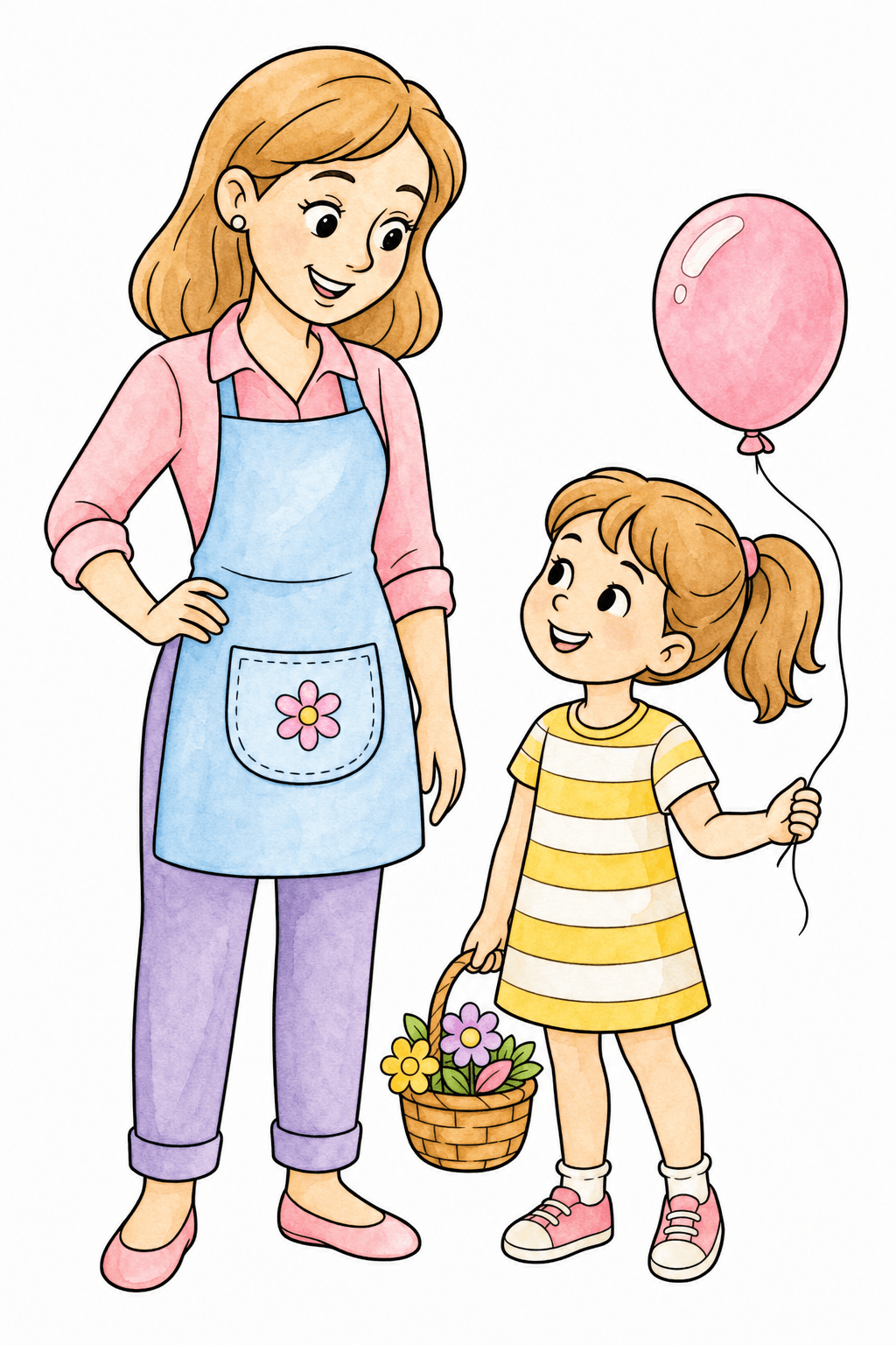 Woman and Girl with a Balloon and Flower Basket watercolor colorized preview