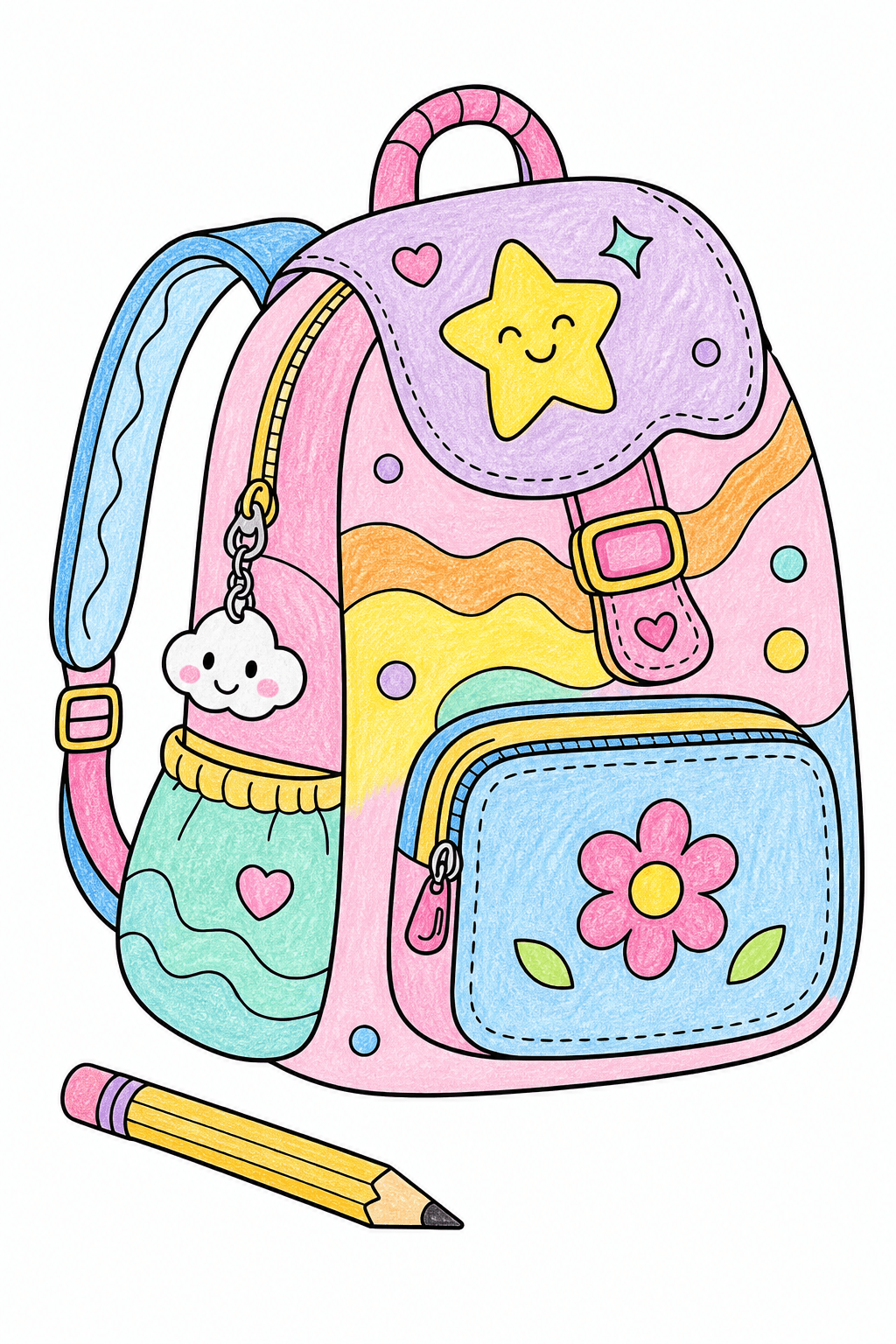 Decorated School Backpack and Pencil Coloring Page crayon colorized preview