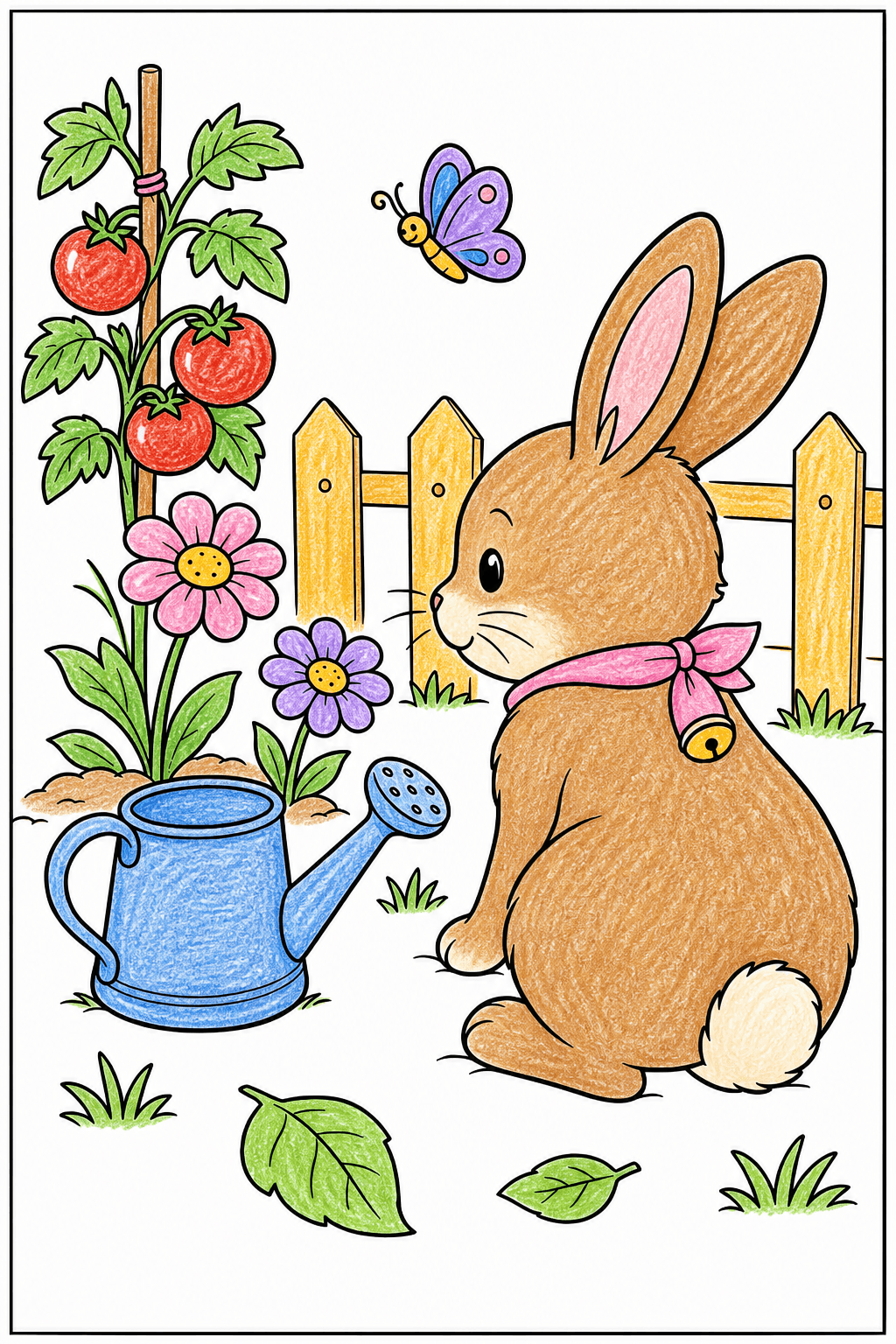 Bunny Beside a Watering Can in the Garden crayon colorized preview
