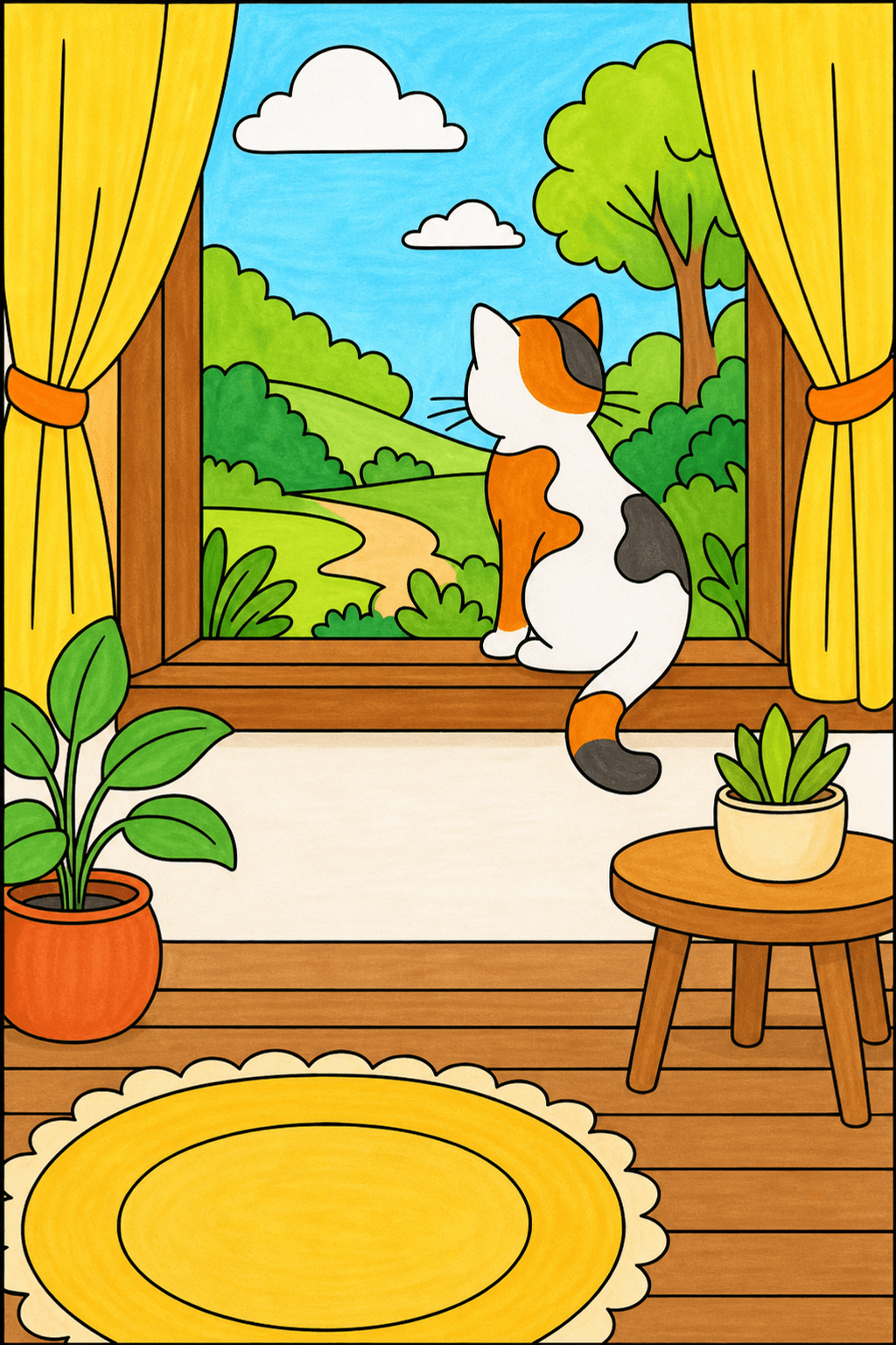 Cat Looking Through a Window at the Landscape marker colorized preview