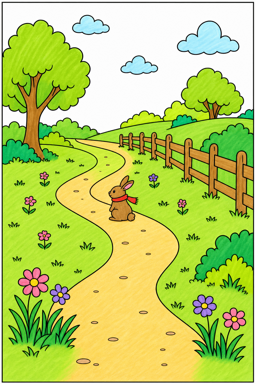 Rabbit on a Winding Country Path Coloring Page marker colorized preview