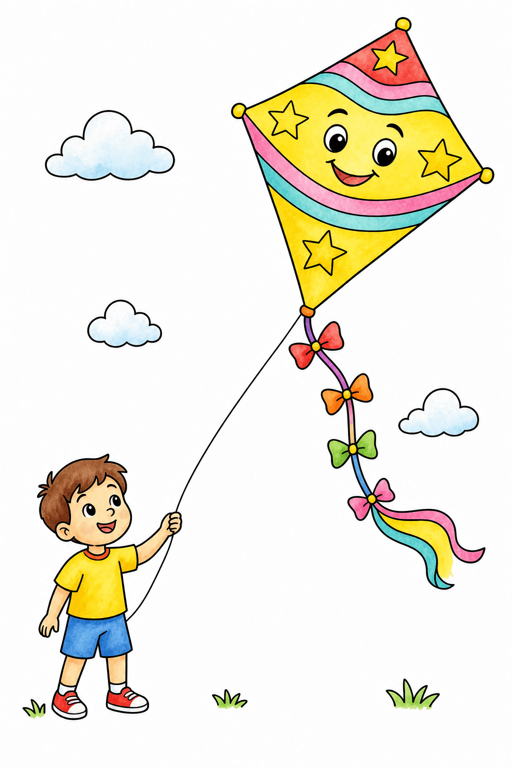 Child Flying a Star-Decorated Kite Coloring Page watercolor colorized preview
