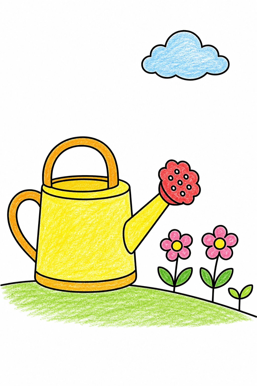 Watering Can Beside Flowers Coloring Page crayon colorized preview