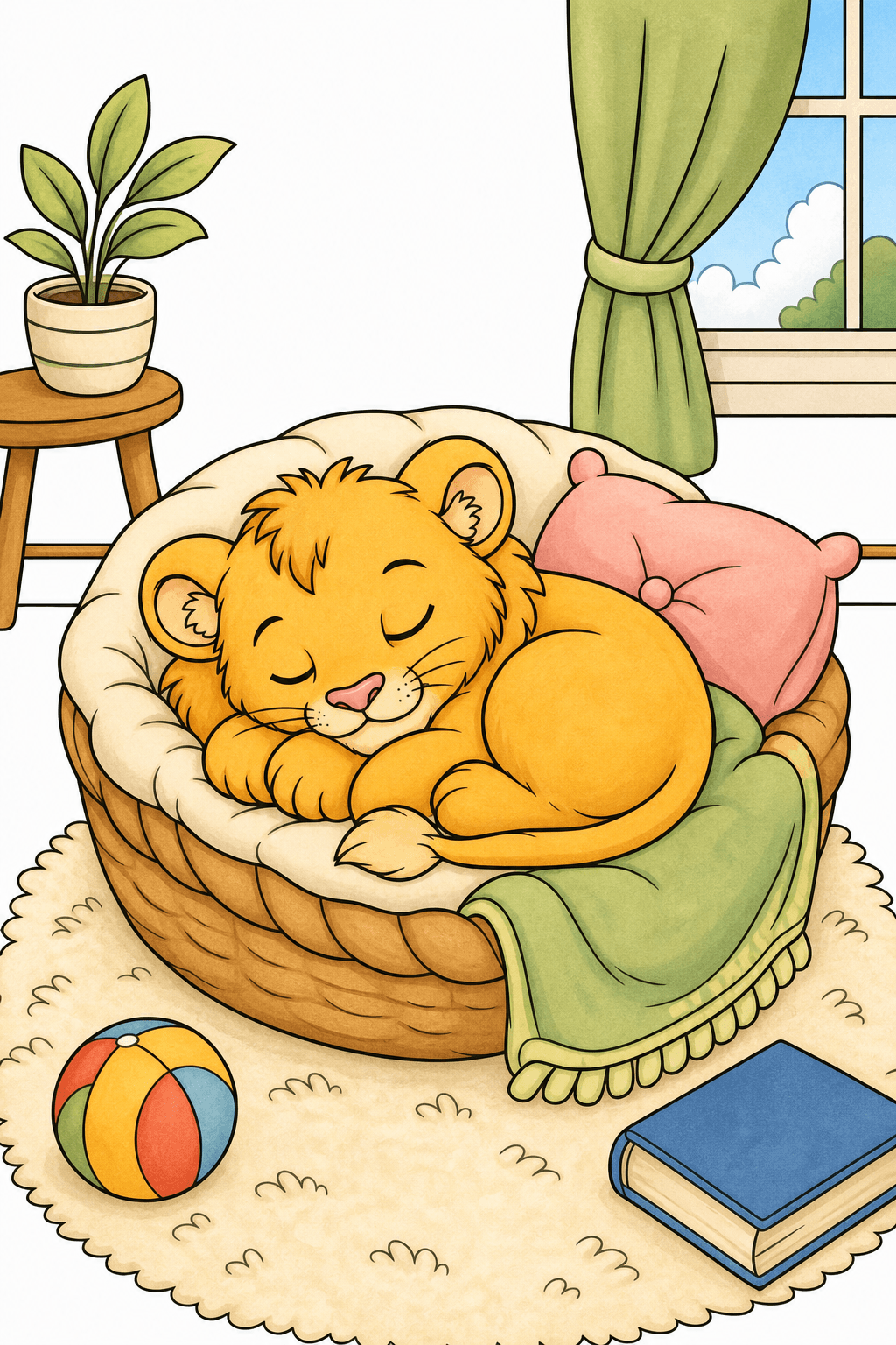 Sleeping Lion Cub Curled Up in a Woven Bed storybook colorized preview
