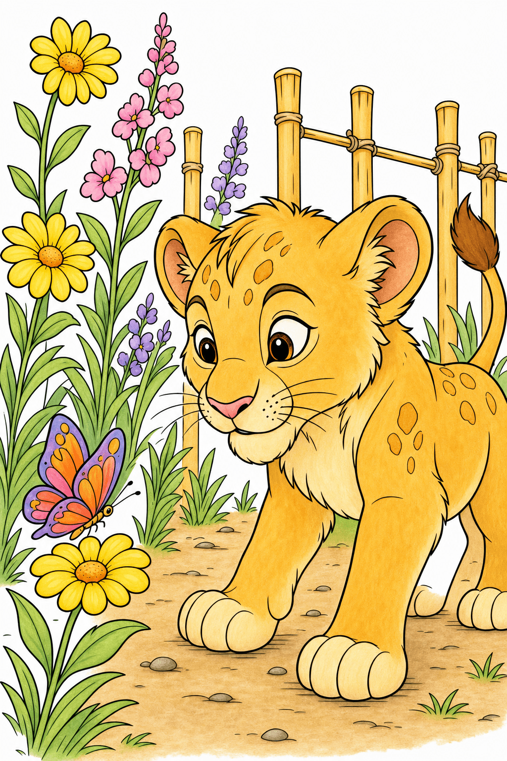 Lion Cub Exploring a Flower Garden storybook colorized preview