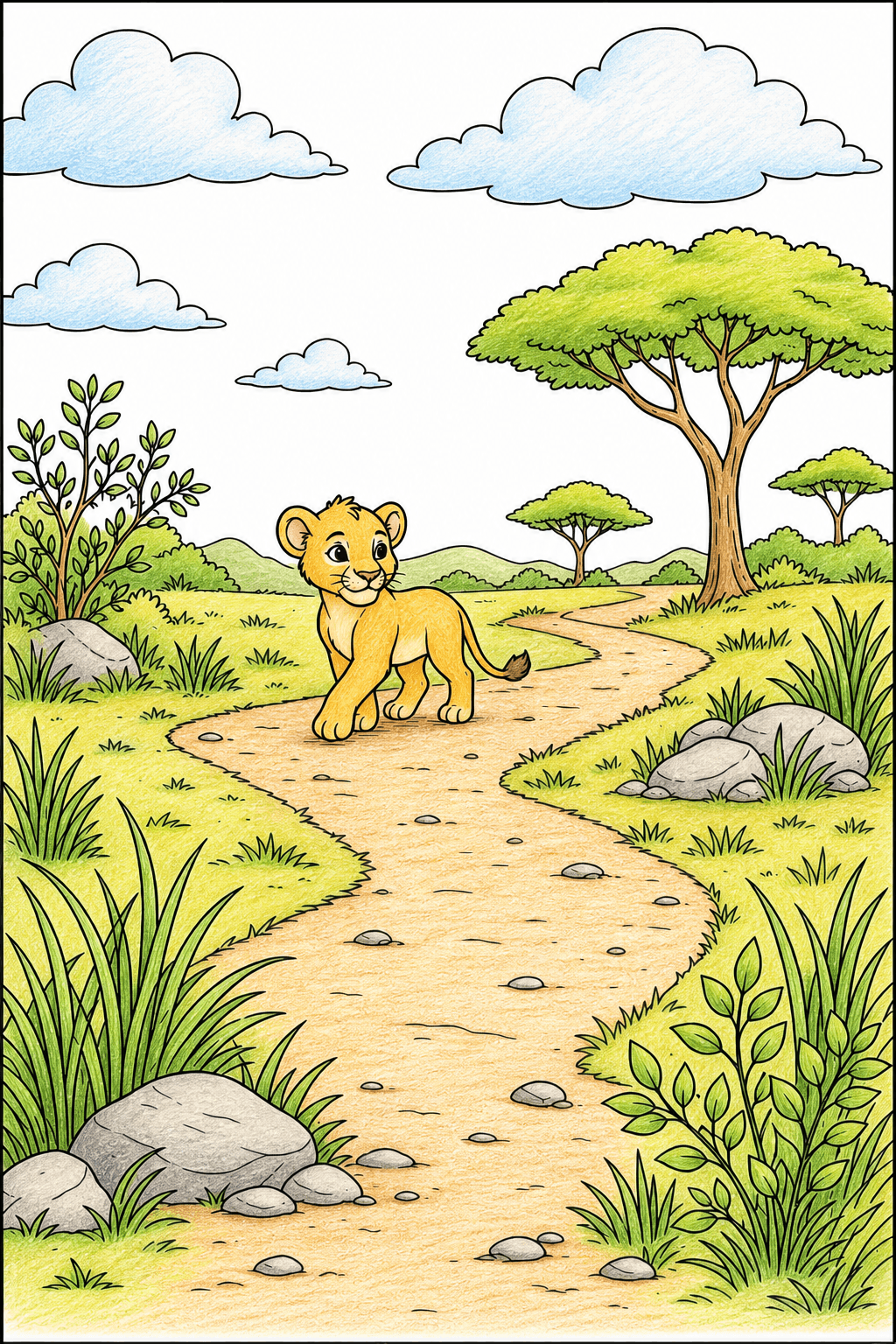 Lion Cub Walking Along a Savanna Path colored-pencil colorized preview