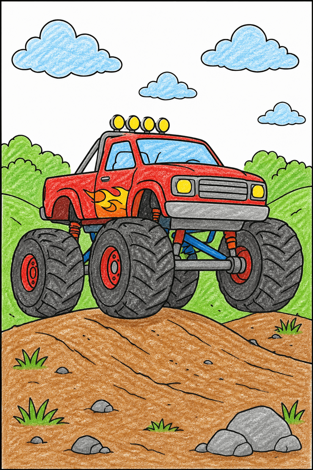 Monster Truck Climbing a Hilly Dirt Road crayon colorized preview