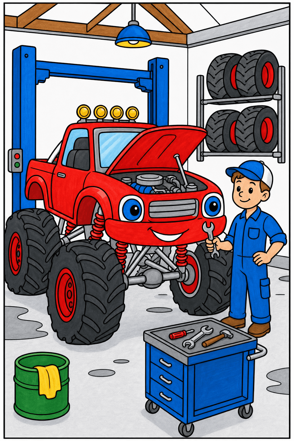 Smiling Monster Truck Garage Checkup marker colorized preview
