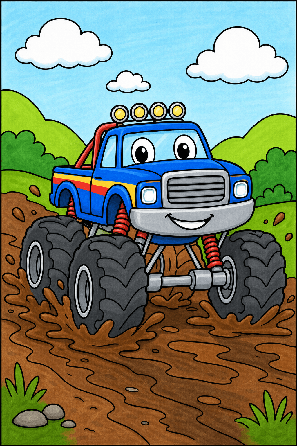 Smiling Monster Truck Splashing Through Mud marker colorized preview