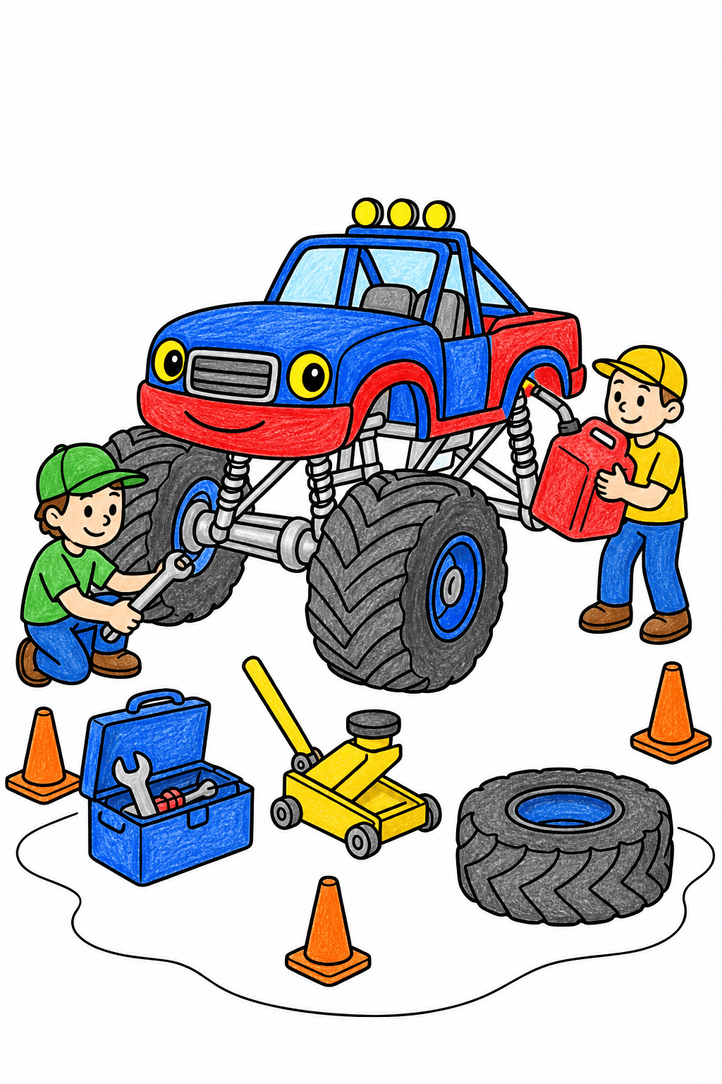 Easy Monster Truck Pit Stop crayon colorized preview