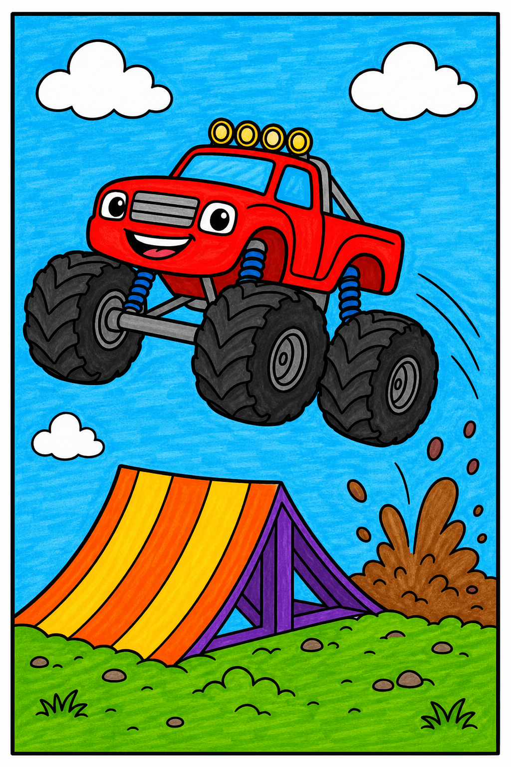 Easy Monster Truck Jumping Over a Ramp marker-pen colorized preview