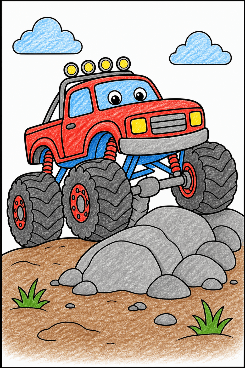 Easy Monster Truck Climbing Over Rocks crayon colorized preview