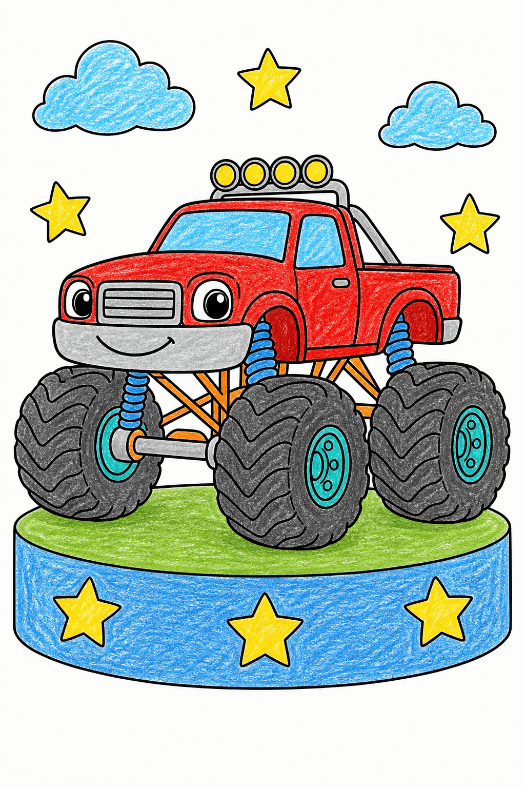 Smiling Monster Truck on a Starry Platform crayon colorized preview
