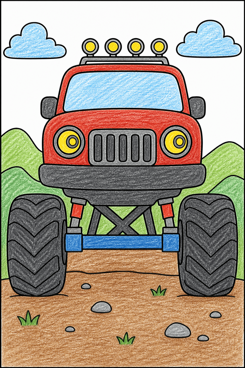 Easy Monster Truck from the Front crayon colorized preview
