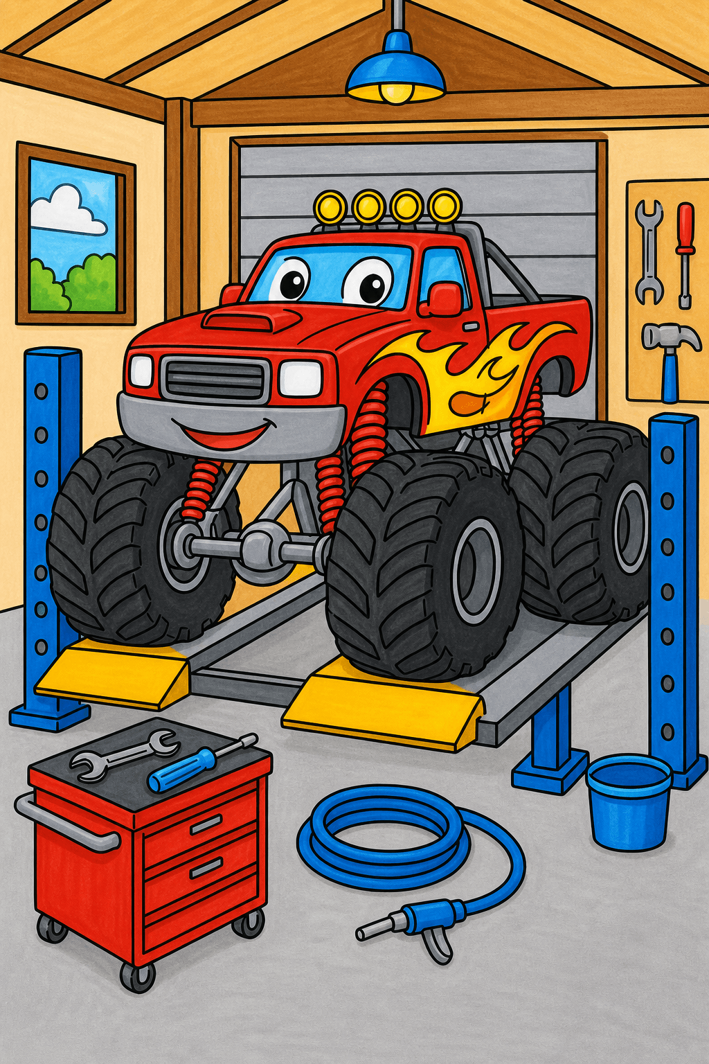 Fire Monster Truck on a Garage Lift marker colorized preview