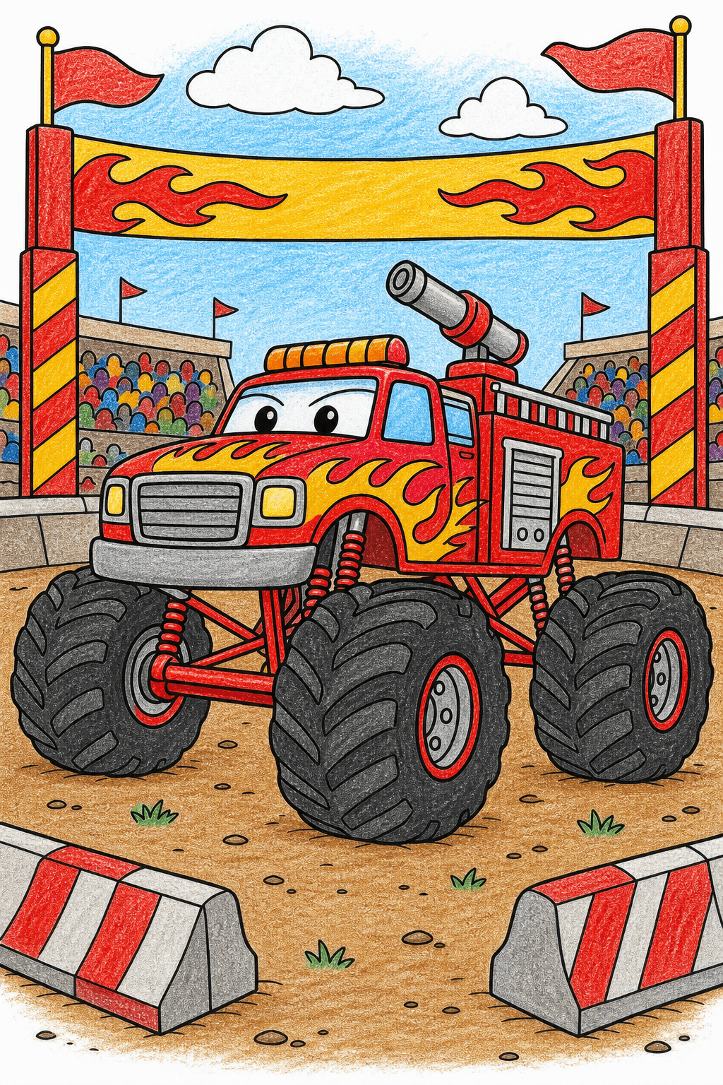 Fire Monster Truck at a Stadium Start Line crayon colorized preview
