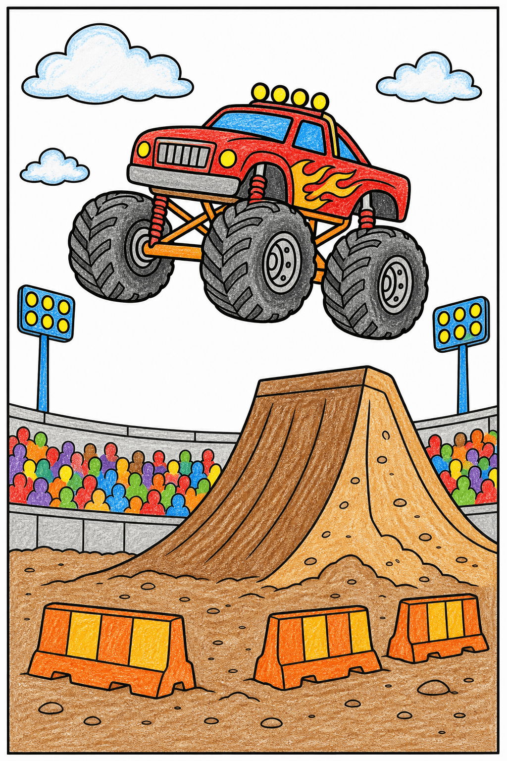 Monster Truck Jumping Over an Arena Ramp crayon colorized preview