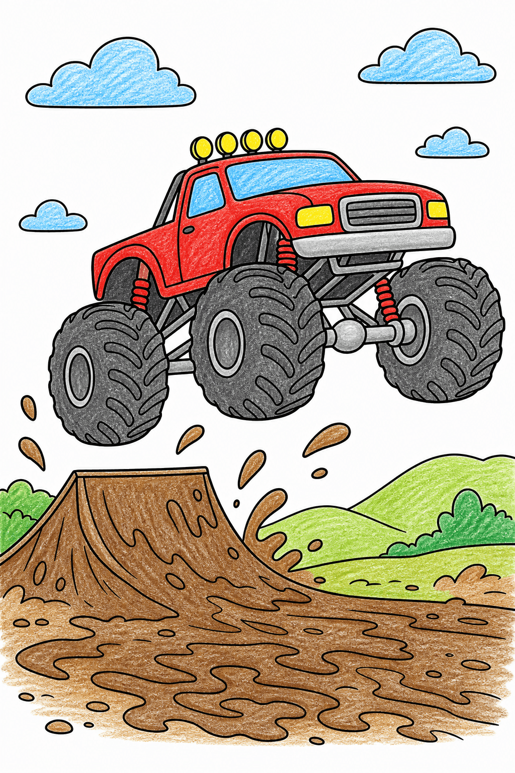 Monster Truck Jumping Over a Muddy Track crayon colorized preview