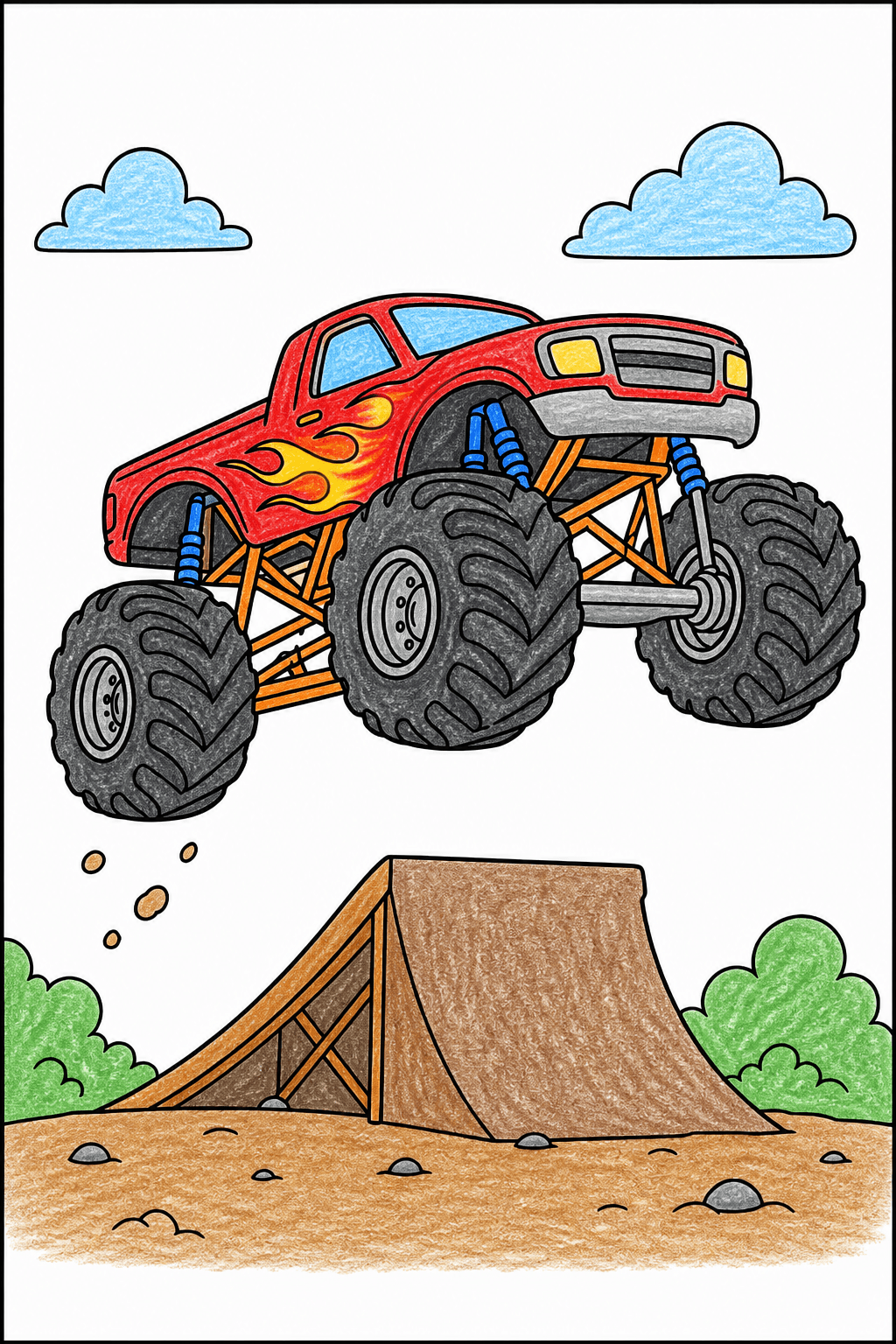 Monster Truck Jumping Over a Ramp crayon colorized preview