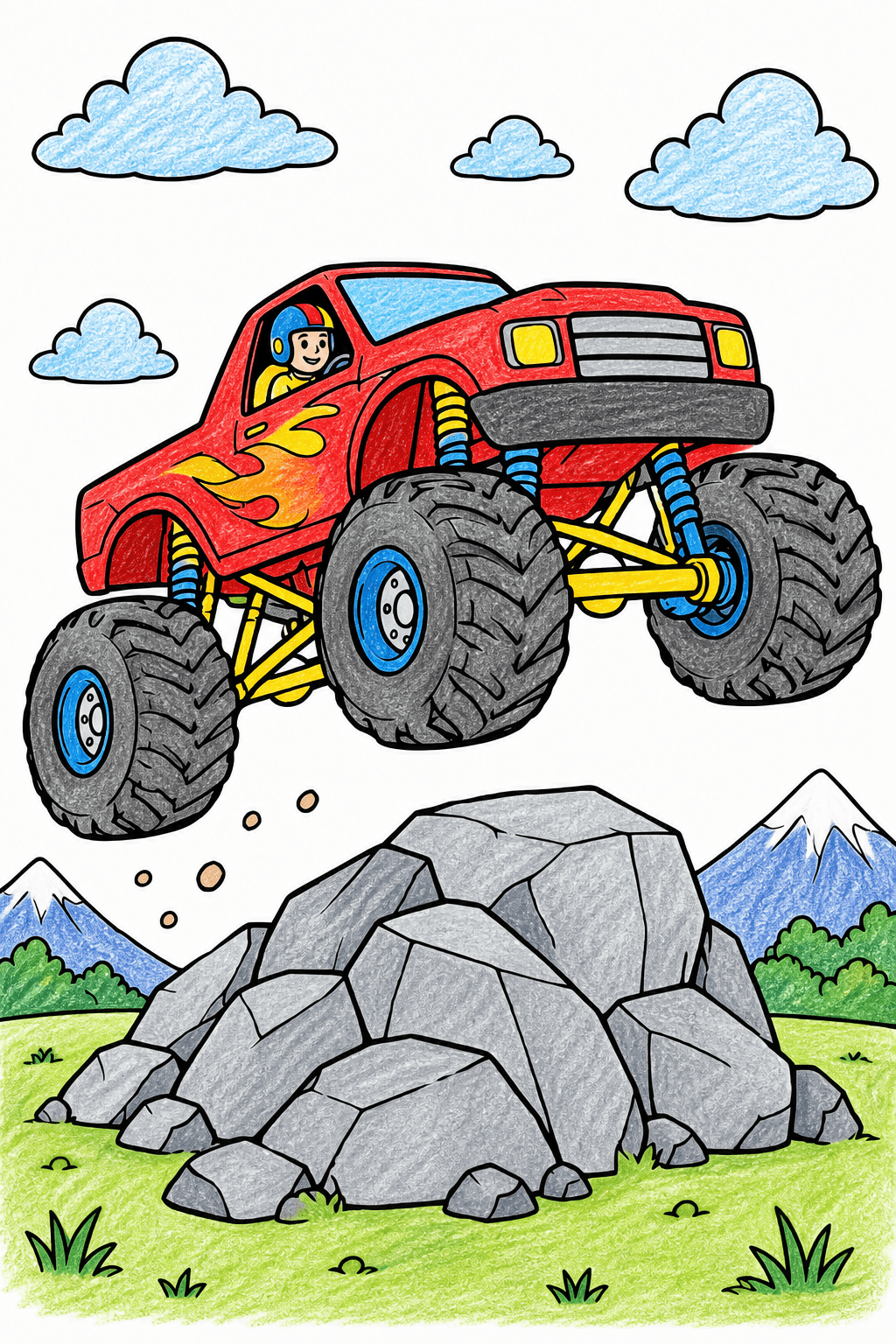 Monster Truck Leaping Over a Rocky Obstacle crayon colorized preview