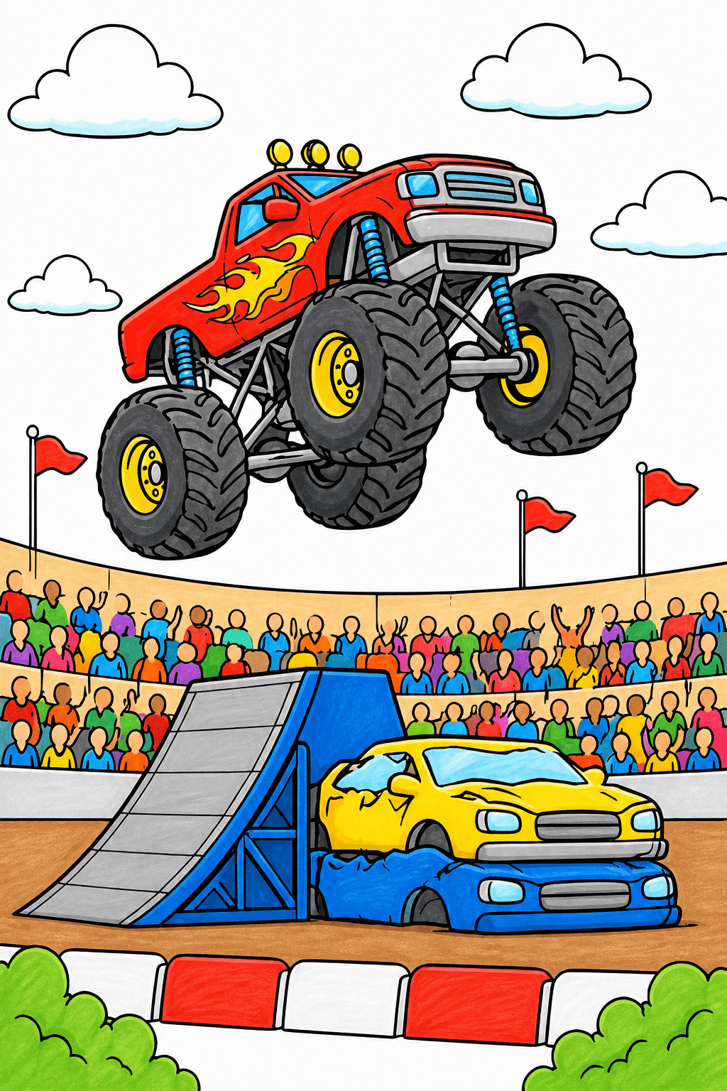 Monster Truck Jumping Over Crushed Cars marker colorized preview