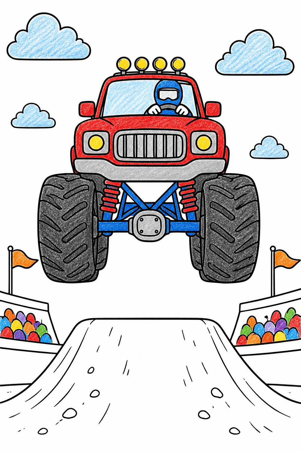 Front View Monster Truck Jump crayon colorized preview