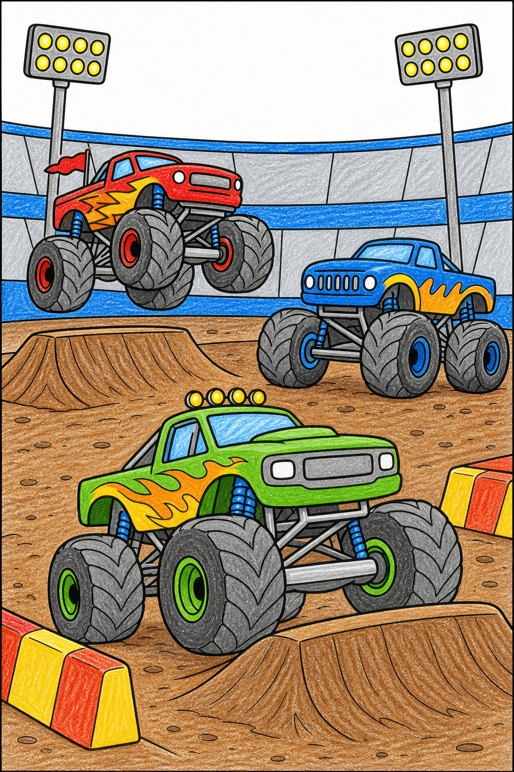 Monster Truck Race Under Arena Lights crayon colorized preview