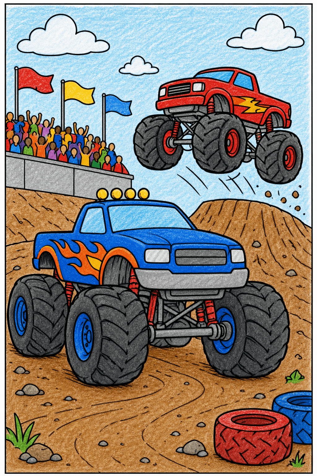 Monster Truck Race on a Winding Dirt Track crayon colorized preview