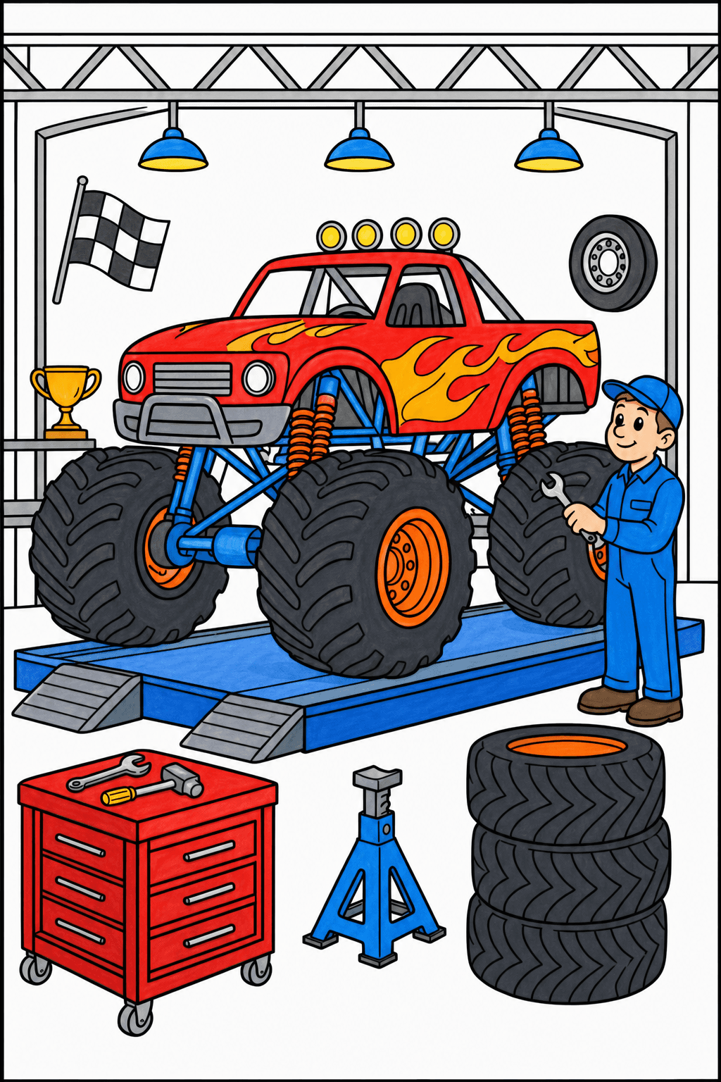 Monster Truck on a Garage Service Platform marker colorized preview