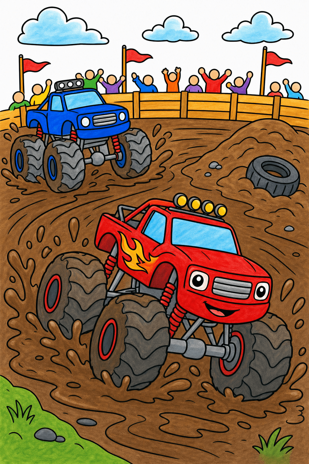 Monster Trucks Racing Through Mud marker colorized preview