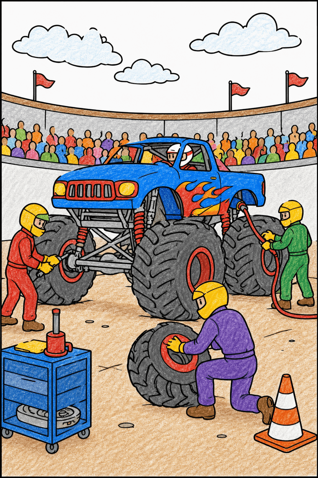 Monster Truck Pit Stop in a Stadium crayon colorized preview