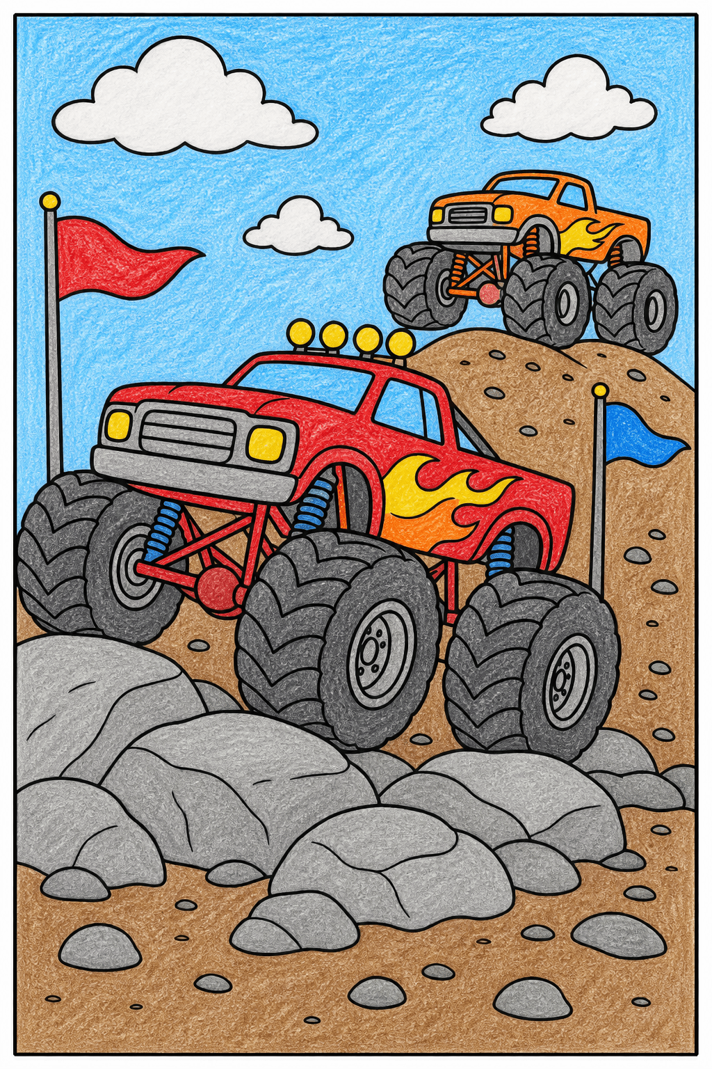 Monster Truck Race on a Rocky Course crayon colorized preview