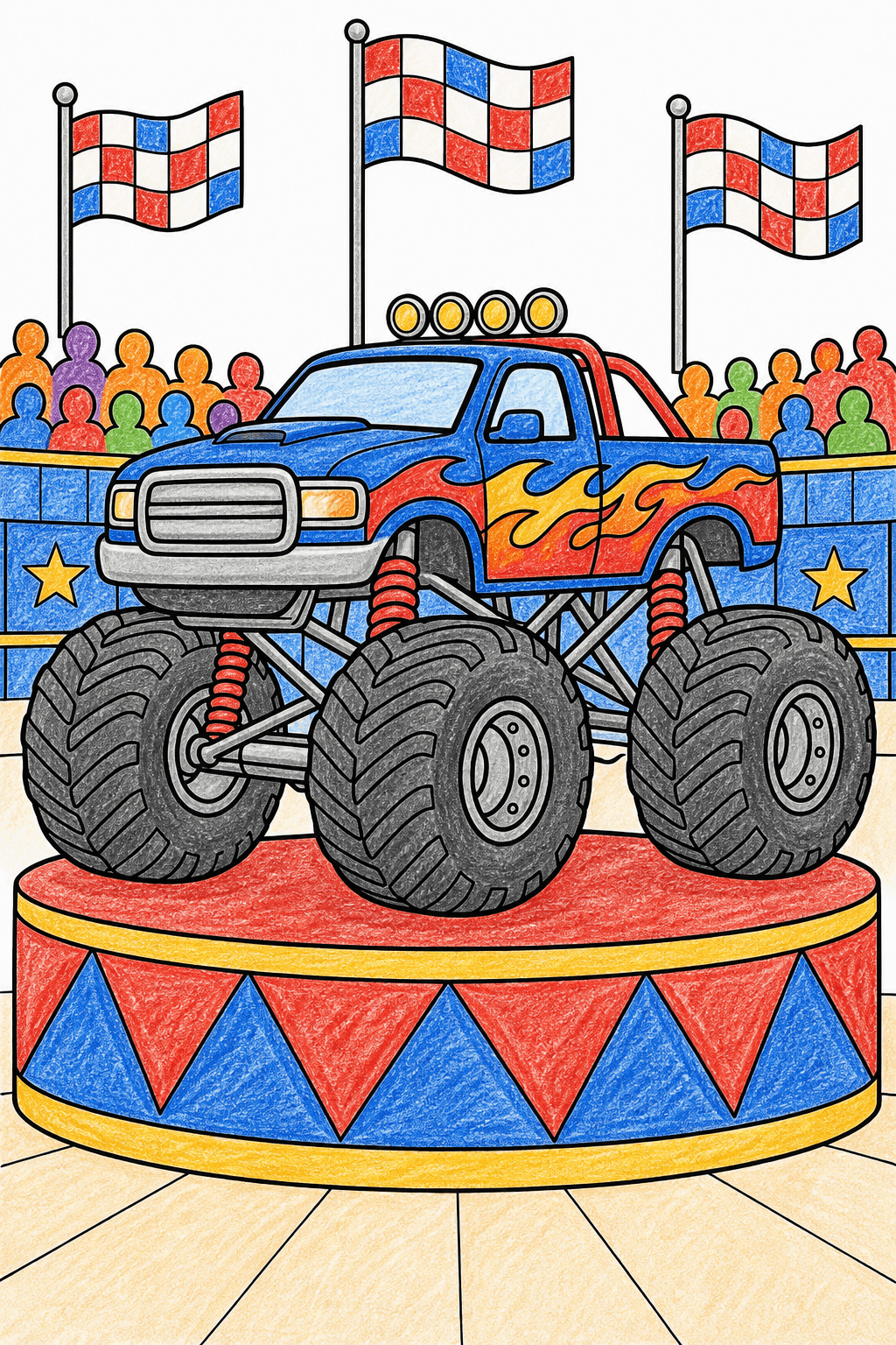 Monster Truck Displayed on an Arena Platform crayon colorized preview