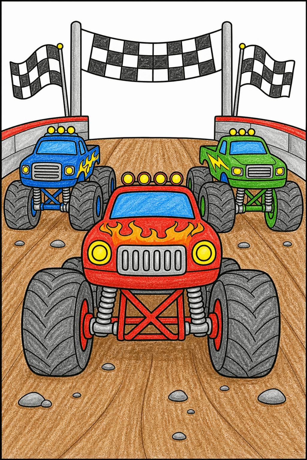 Monster Truck Race from the Front crayon colorized preview