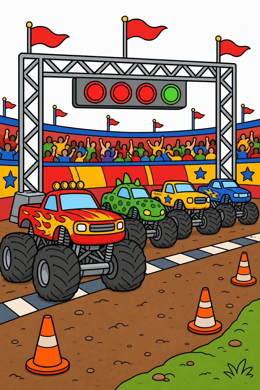 Monster Trucks at a Stadium Start Line clean-digital colorized preview