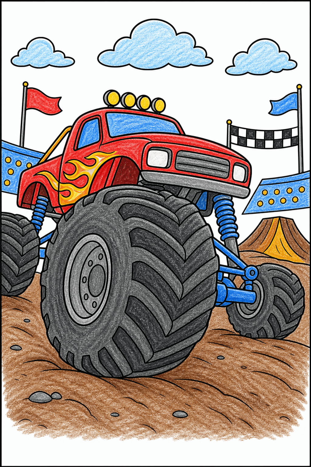 Low-Angle Monster Truck on a Race Track crayon colorized preview