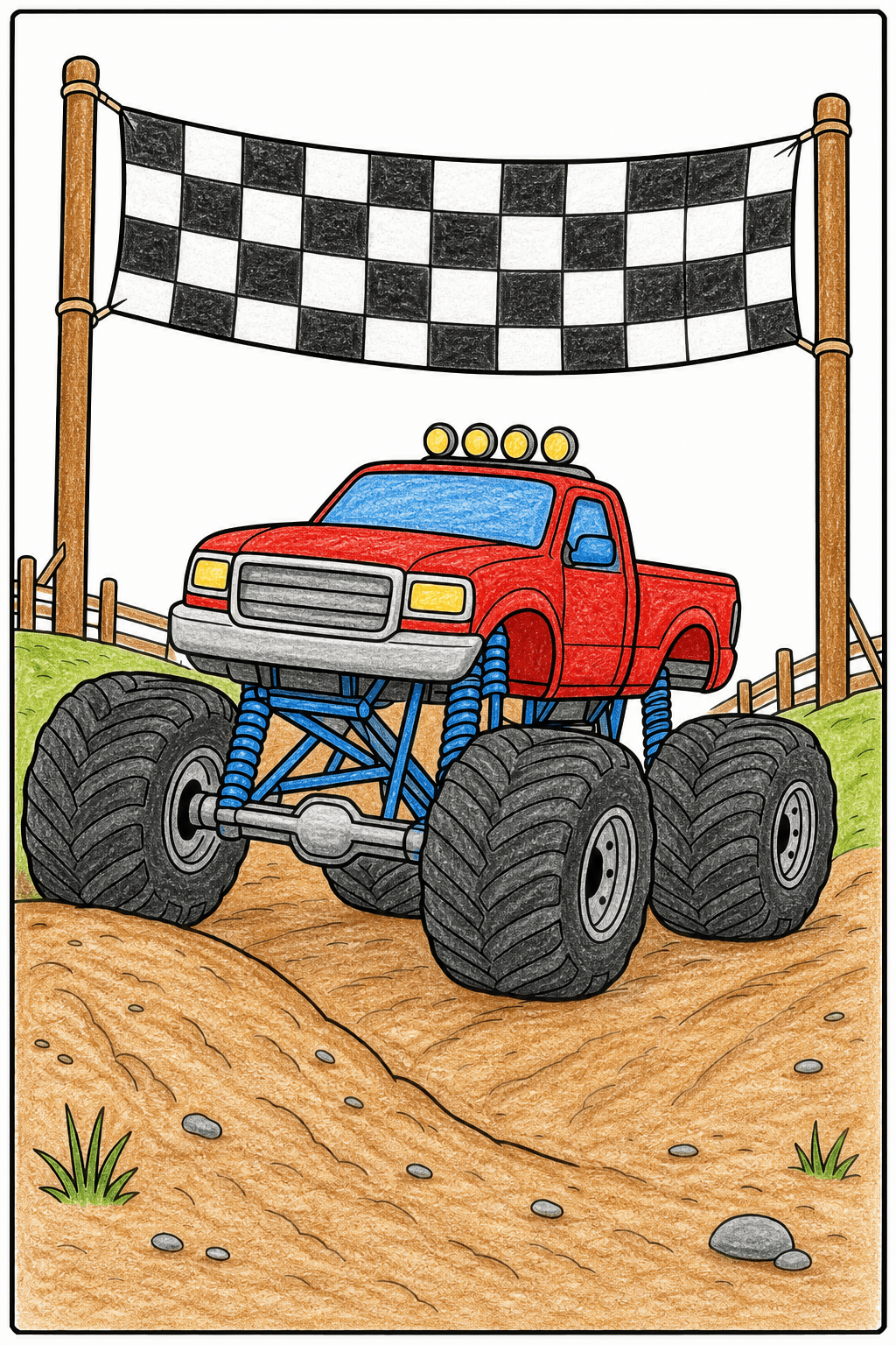 Monster Truck Beneath a Checkered Banner crayon colorized preview