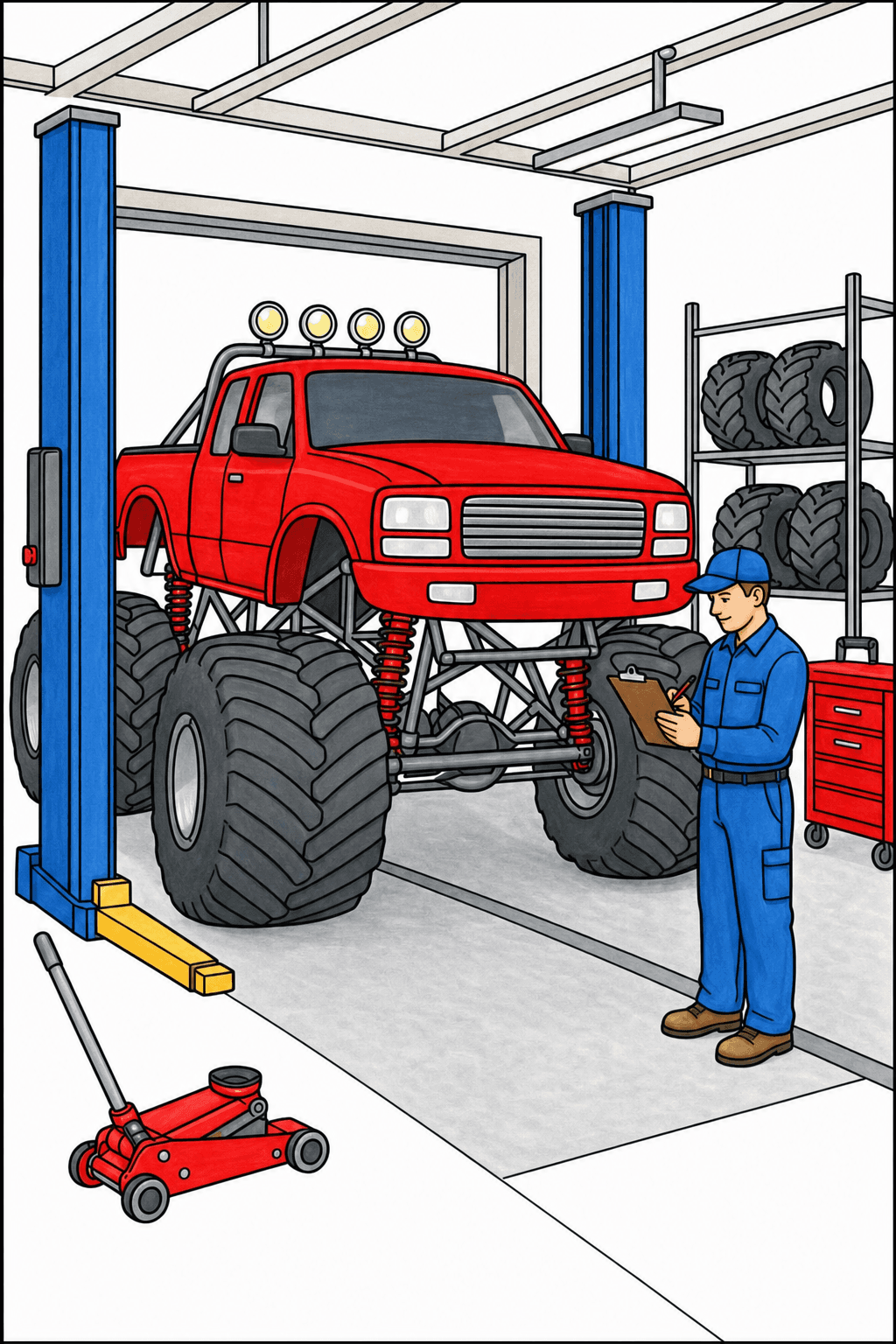 Monster Truck Inspection in a Garage marker colorized preview