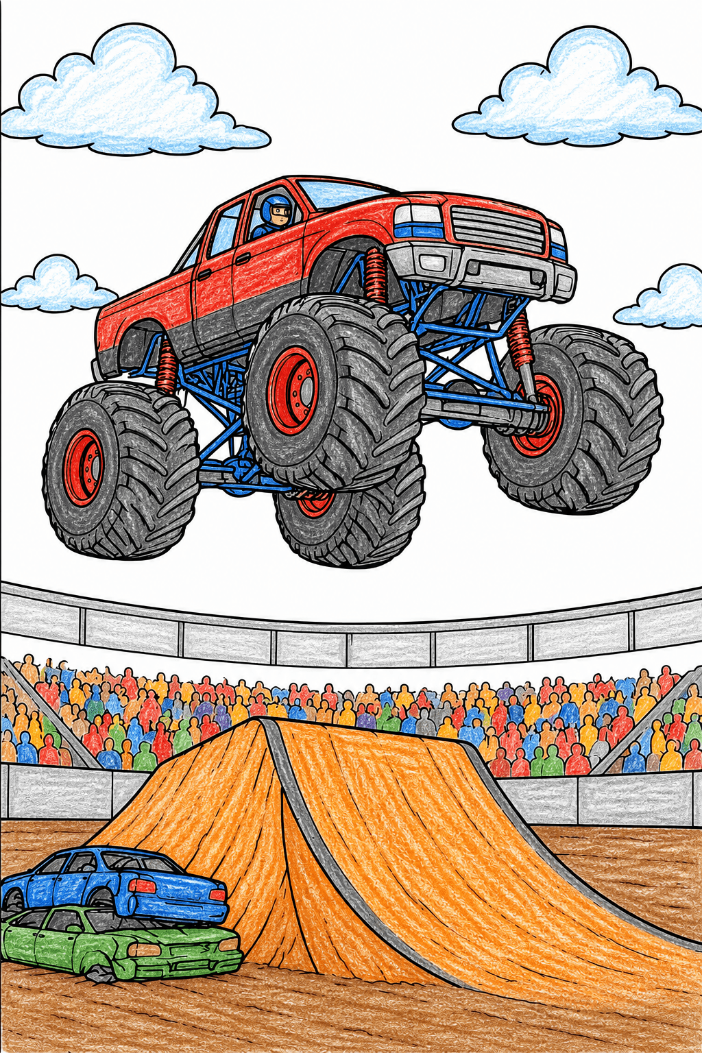 Monster Truck Jumping Over a Stadium Ramp crayon colorized preview