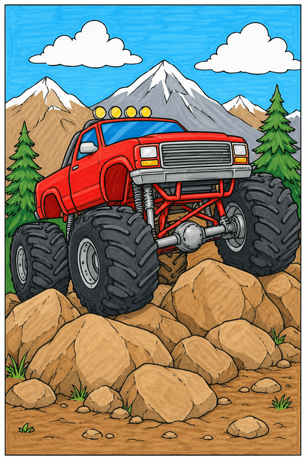 Realistic Monster Truck Crawling Over Rocks marker colorized preview