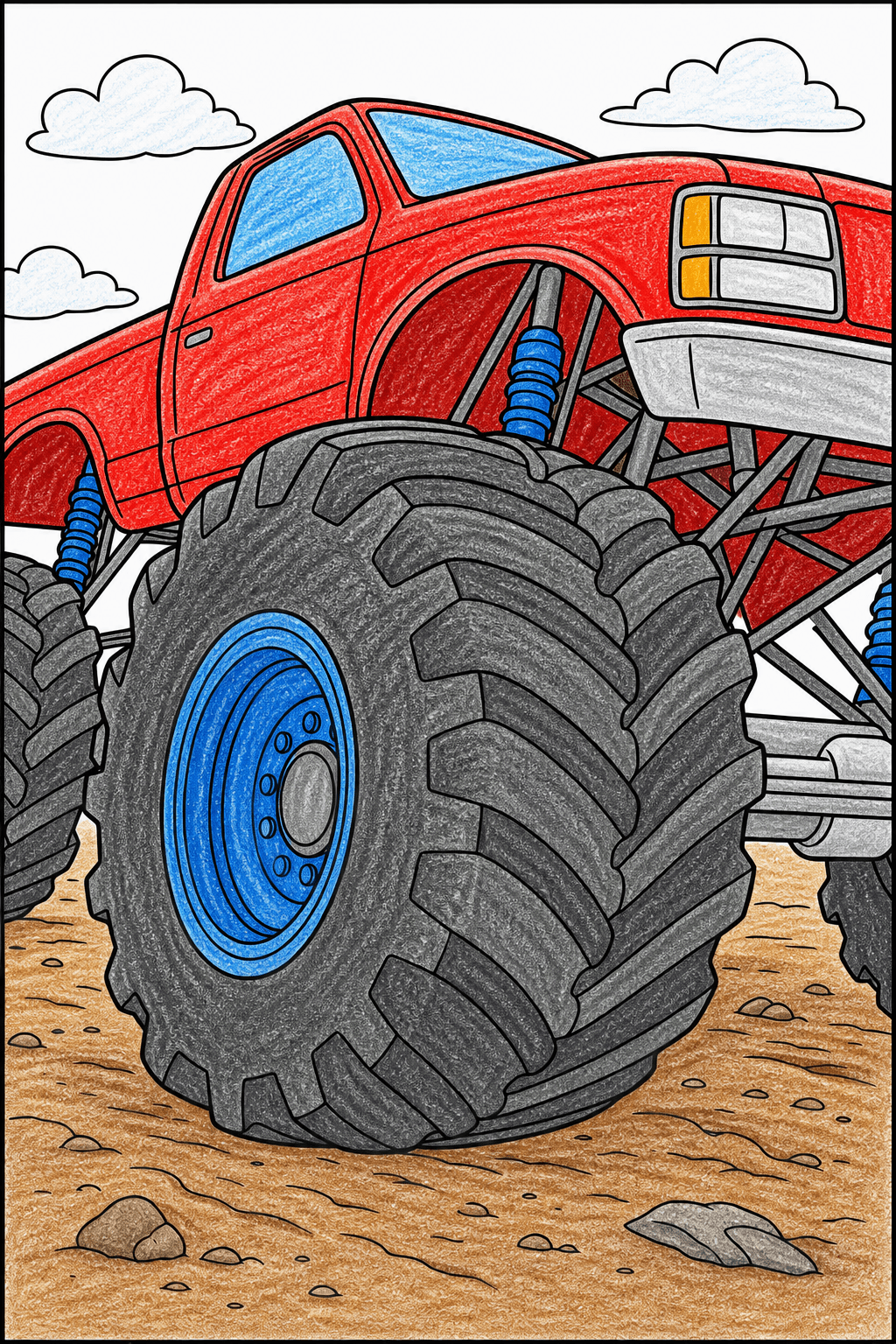 Giant Truck Tire on Rocky Ground crayon colorized preview